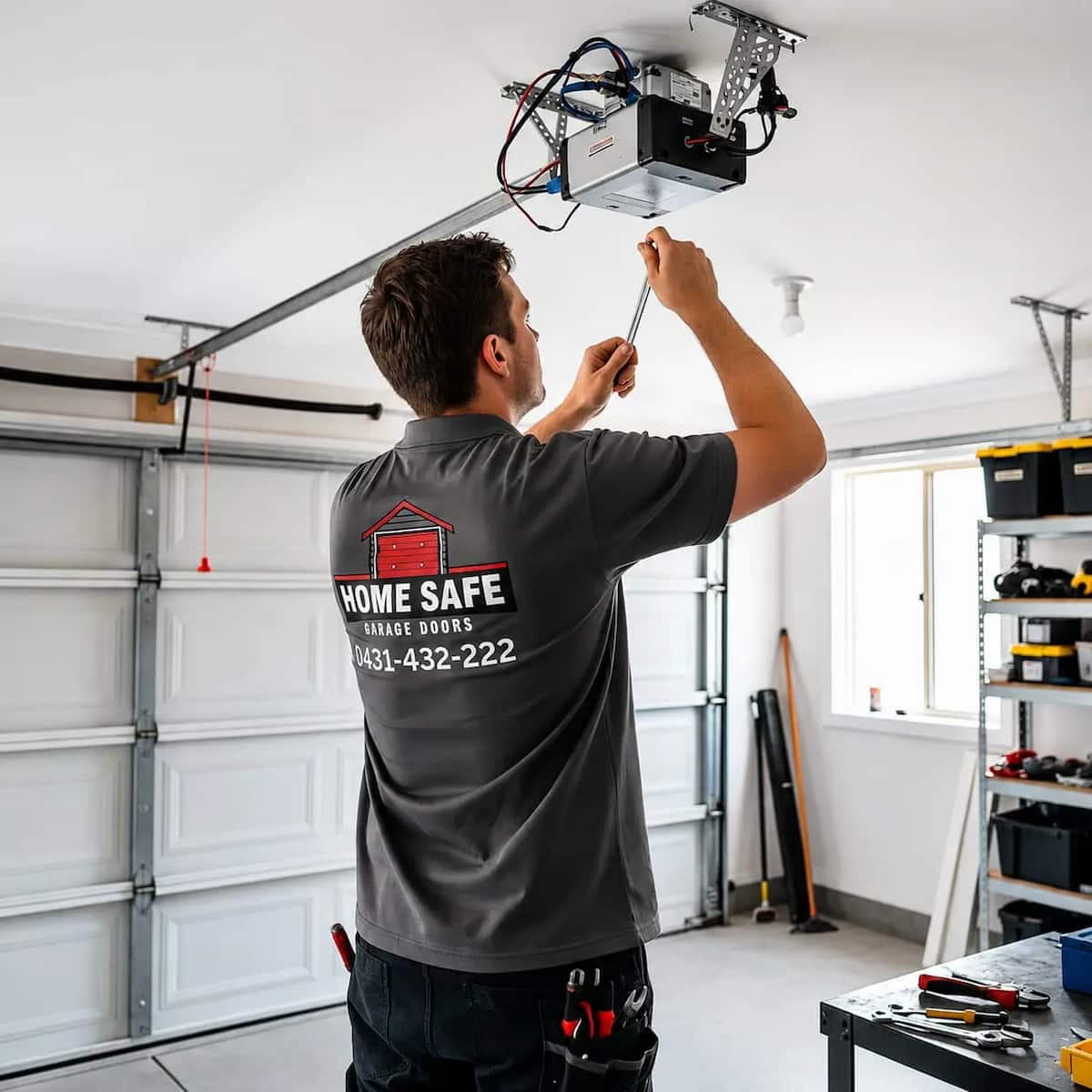 A homesafe garage doors technician is working on garage door motor at a house in Werribee